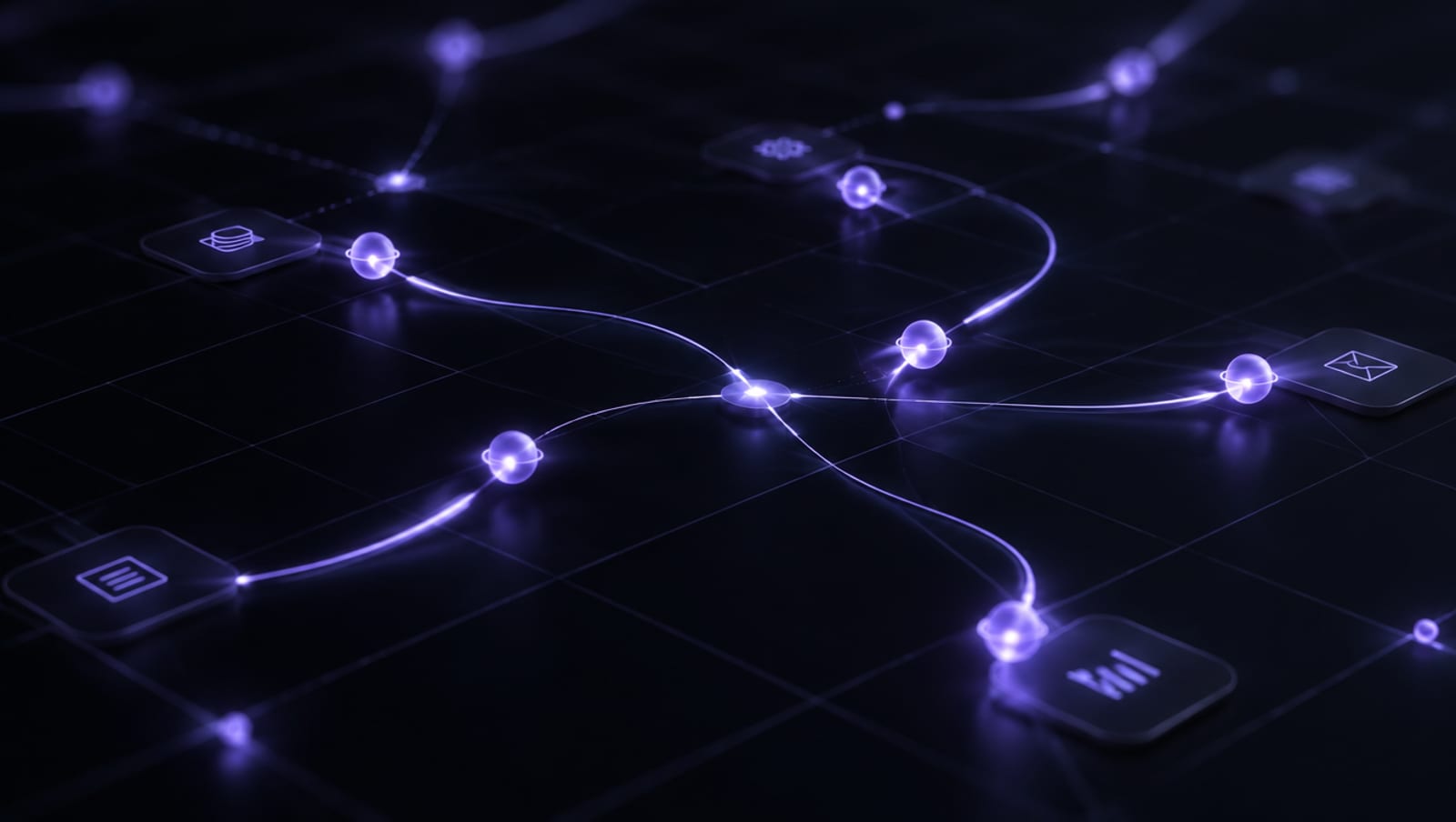 Esferas lavanda trazando recorridos de luz y encadenándose entre sí sobre una retícula oscura, representación abstracta de agentes de IA trabajando en una pyme