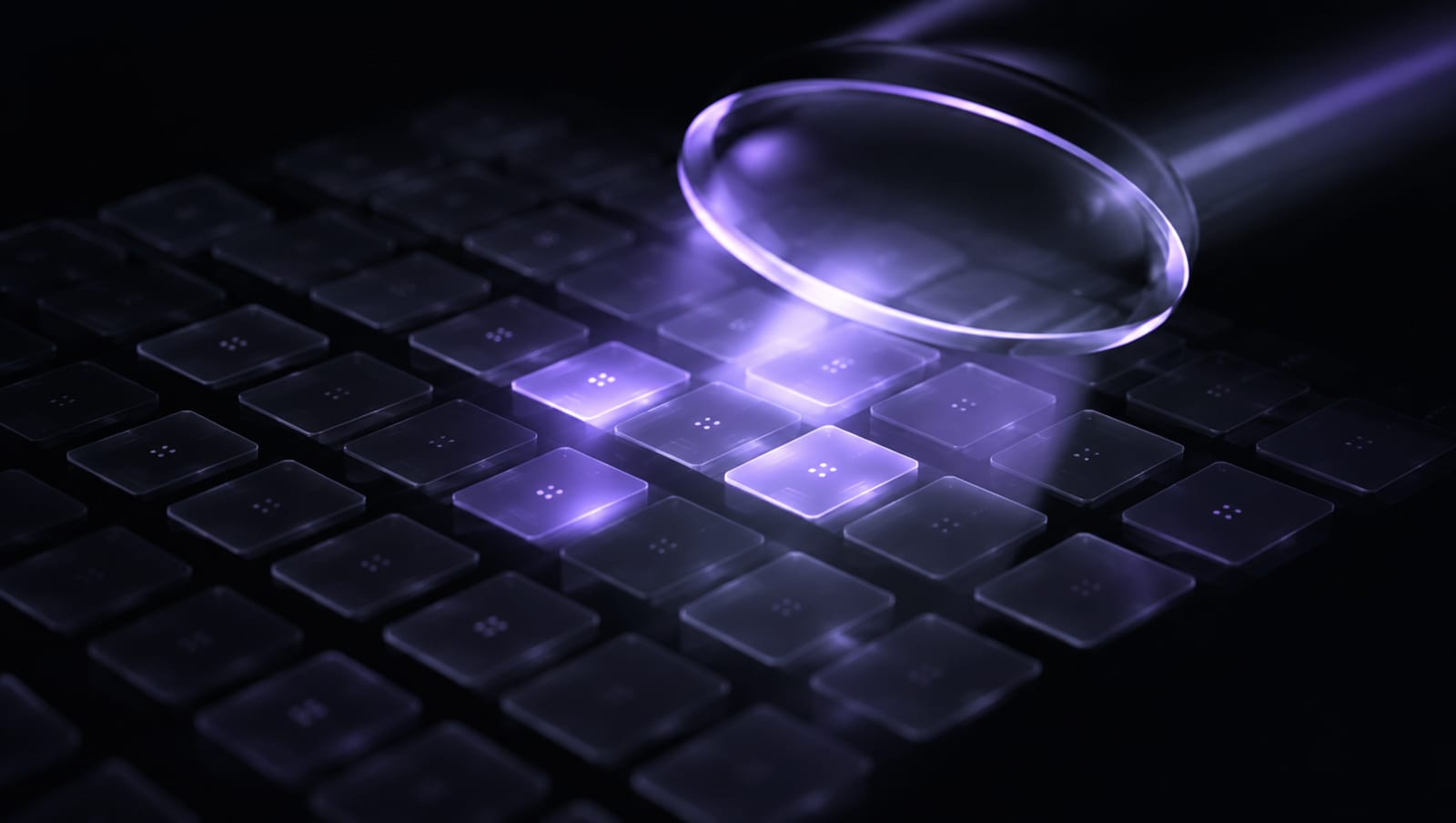 Lente luminosa recorriendo una retícula de bloques y encendiendo unos pocos en lavanda, representación abstracta de una auditoría de inteligencia artificial
