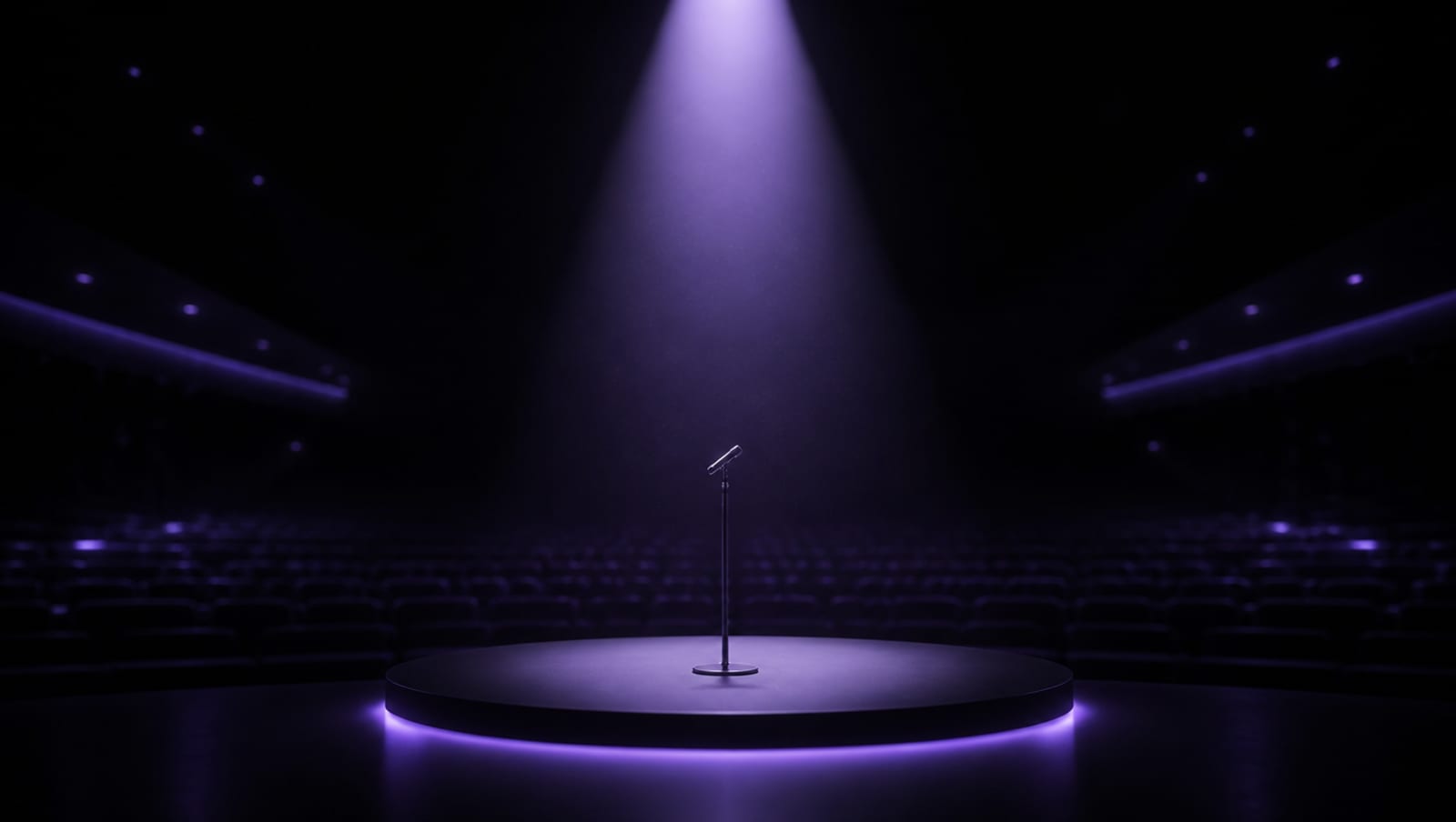 Haz de luz lavanda cayendo sobre un atril vacío con el auditorio difuminado en penumbra, representación abstracta de una keynote de inteligencia artificial