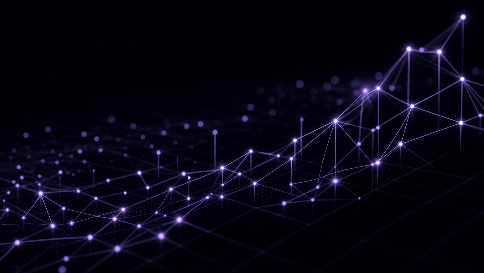 Red ascendente de nodos lavanda sobre fondo oscuro, representación abstracta de una consultoría de inteligencia artificial