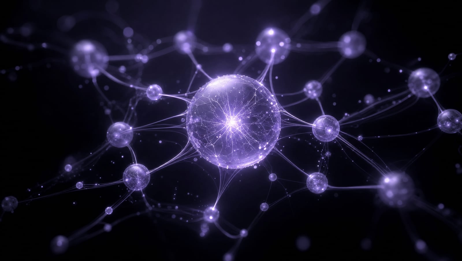 Red de nodos translúcidos convergiendo en una esfera luminosa lavanda, representación abstracta de un CRM potenciado con inteligencia artificial