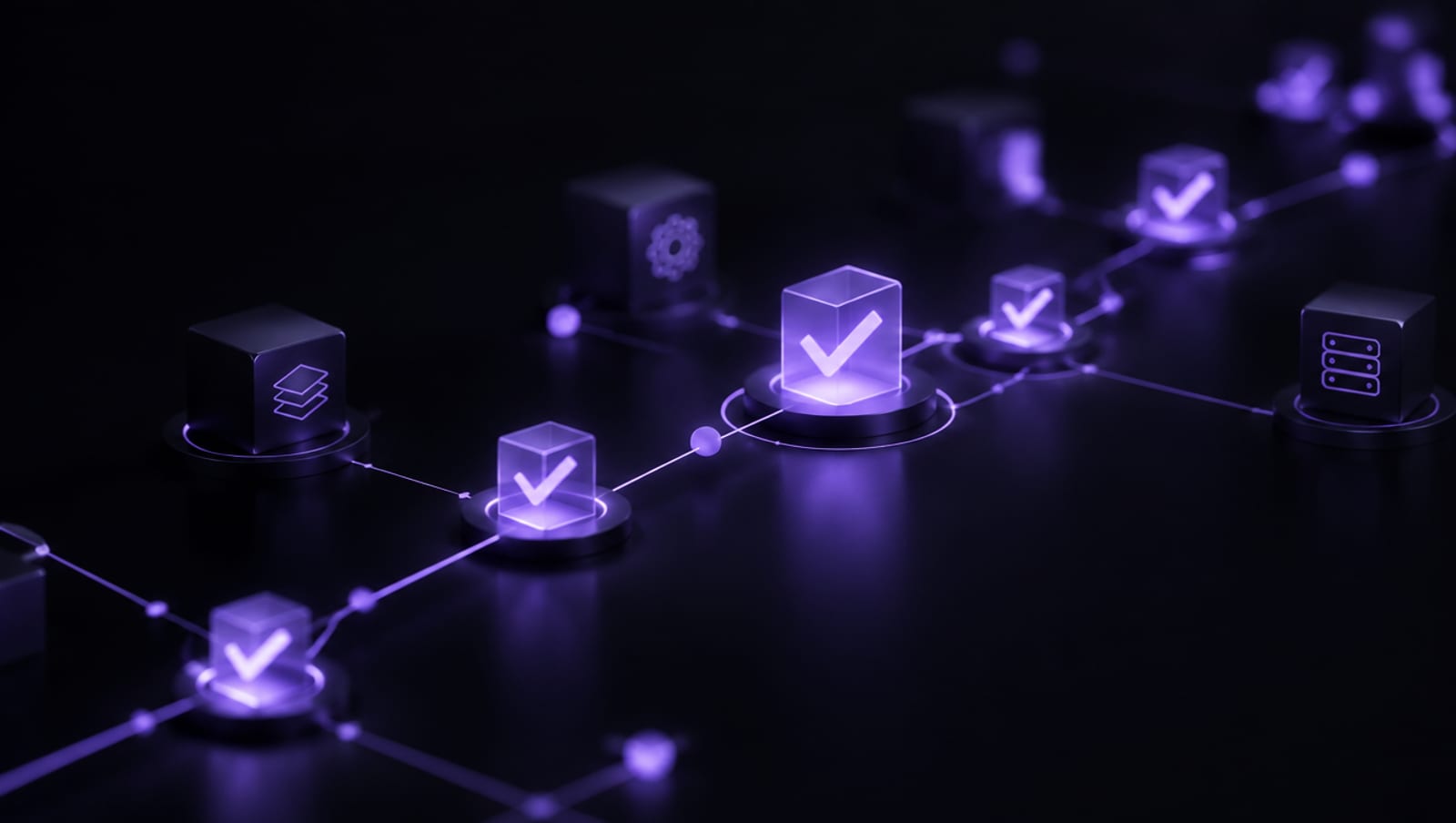 Nodos geométricos y marcas de verificación lavanda formando un recorrido ordenado, representación abstracta de la evaluación de un proveedor de software con IA