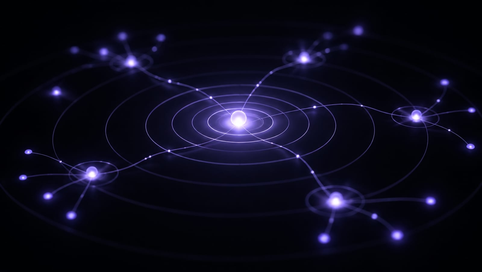 Anillos concéntricos de luz lavanda expandiéndose desde un núcleo brillante hacia puntos satélite, representación abstracta de un plan de formación en IA para empleados