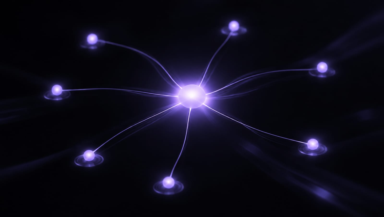 Siete nodos lavanda enlazados por hilos de luz hacia un punto central más brillante, representación abstracta de procesos de pyme conectados con IA