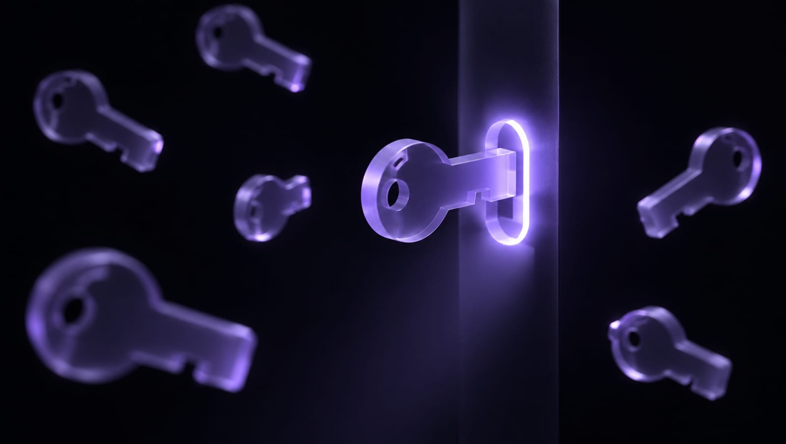 Una llave de cristal lavanda encajando en una cerradura luminosa mientras otras llaves genéricas flotan sin encajar, representación abstracta de la IA a medida frente a las herramientas genéricas