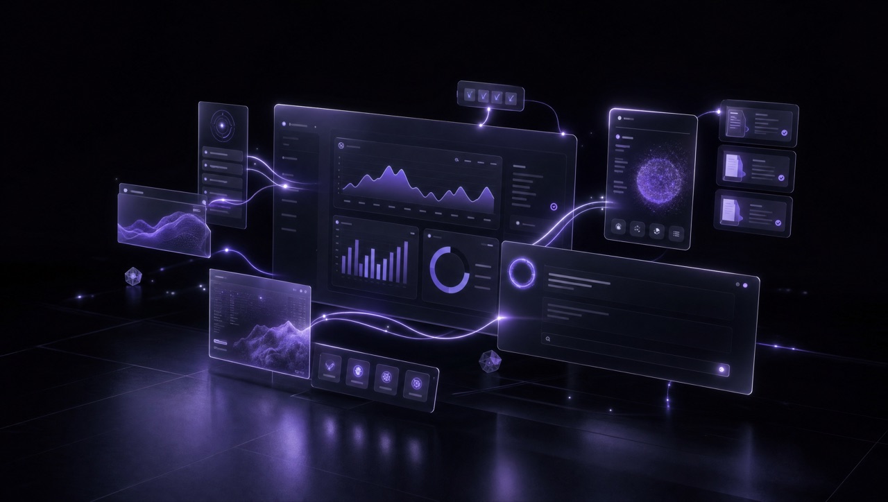 Paneles y sistemas de IA de KDK Intelligence flotando conectados por hilos de luz lavanda