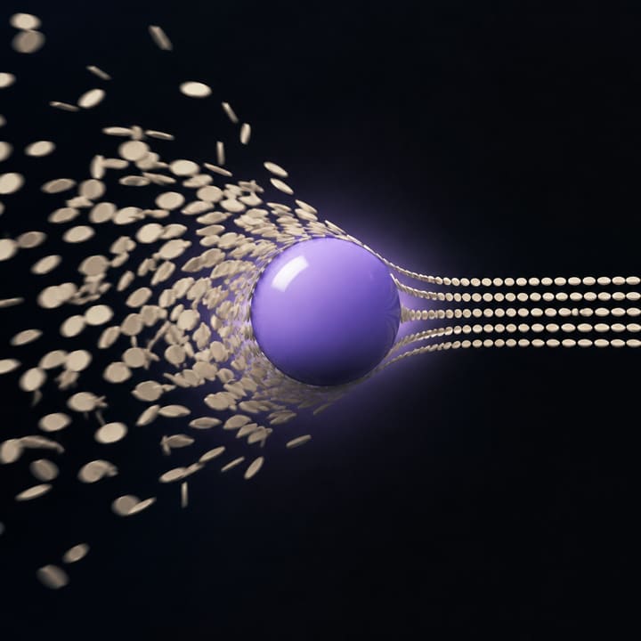 Nube de discos desordenados convirtiéndose en un flujo ordenado alrededor de una esfera