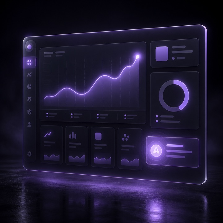 Mockup de cuadro de mando con KPIs, gráficas e insights de IA