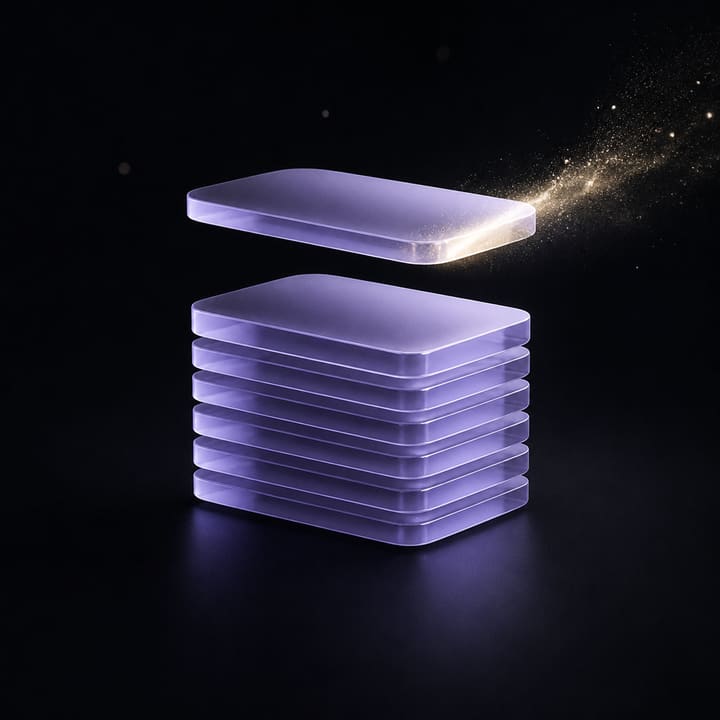 Placas de cristal lavanda ensamblándose en una pila perfecta