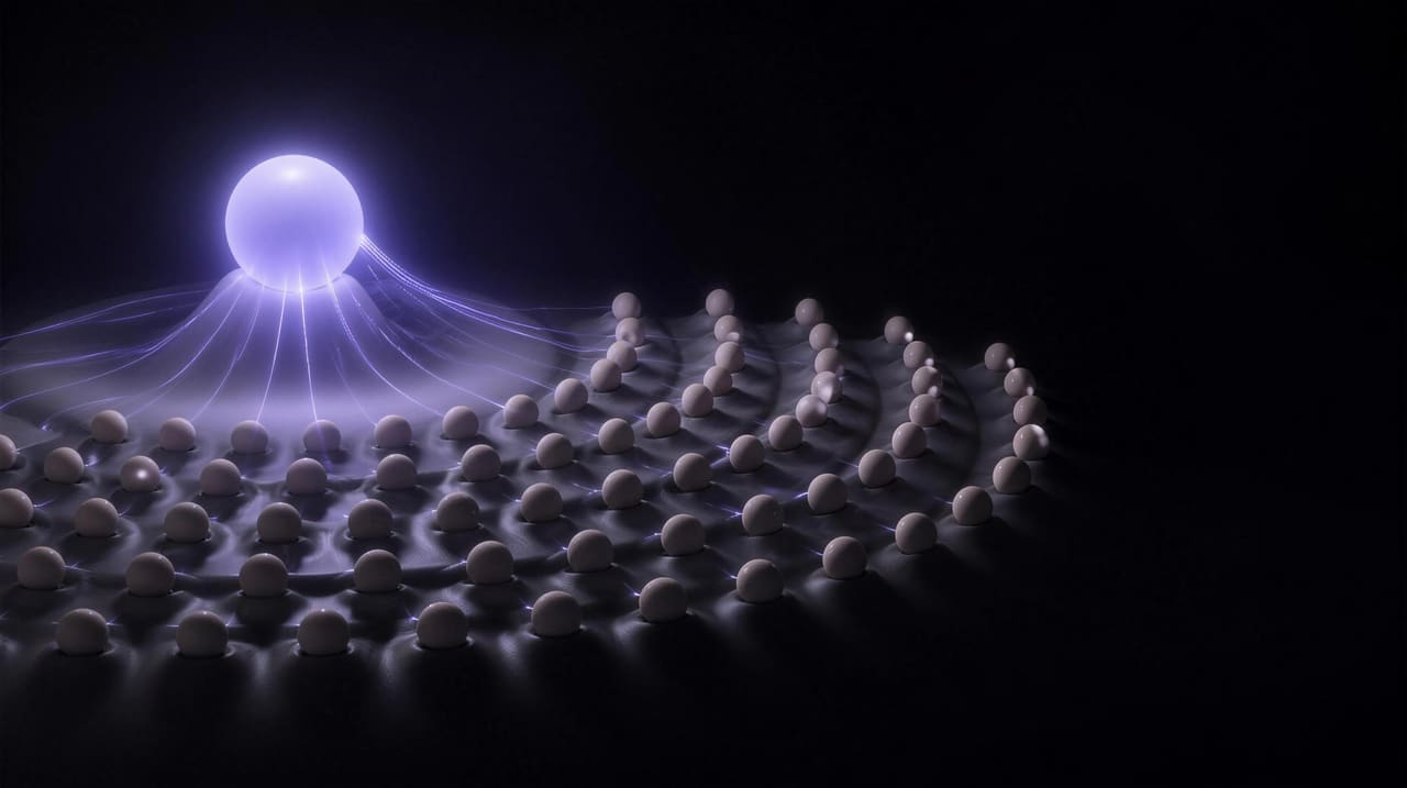 Anfiteatro de esferas orientadas hacia una esfera luminosa que transmite conocimiento