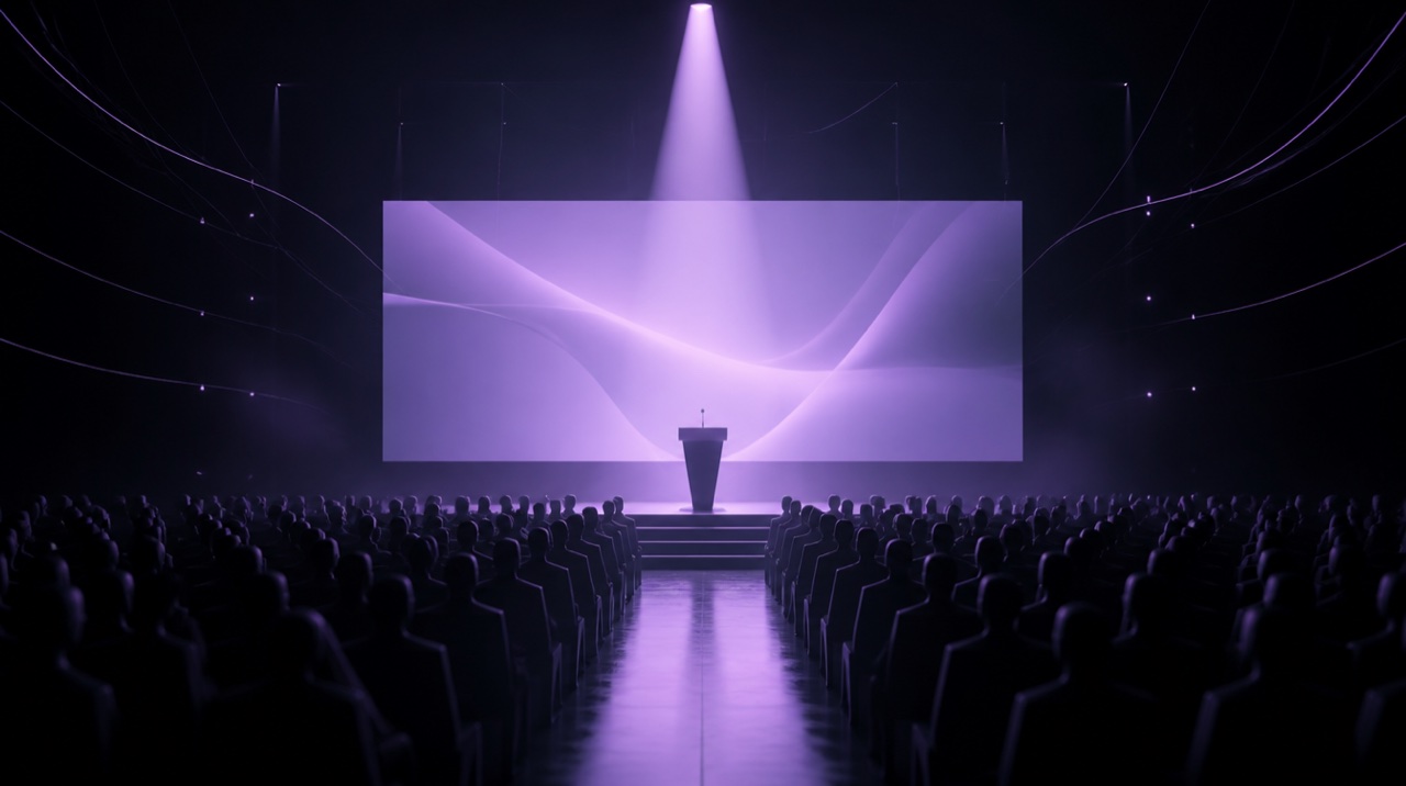 Escenario en penumbra con un haz de luz lavanda sobre el atril y el auditorio difuminado al fondo